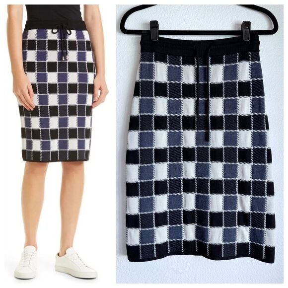 BOSS Hugo Boss Fiallah Check Wool Blend Jacquard Pencil Skirt Navy Black & White - Picture 1 of 14